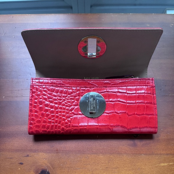 Kate Spade Red/ Coral Croc-Embossed Clutch Wallet - Picture 3 of 11